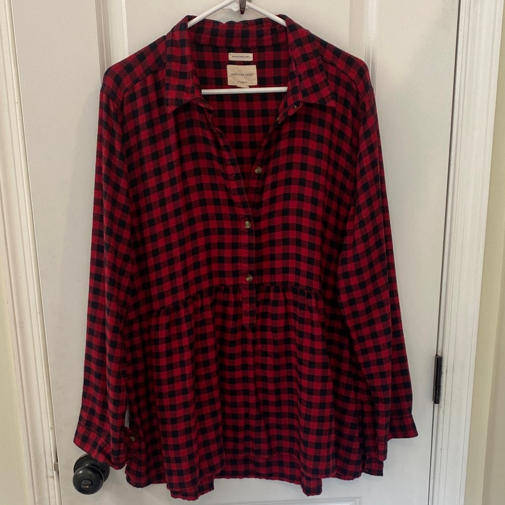 American Eagle Red and Black Checkered Button Down Shirt